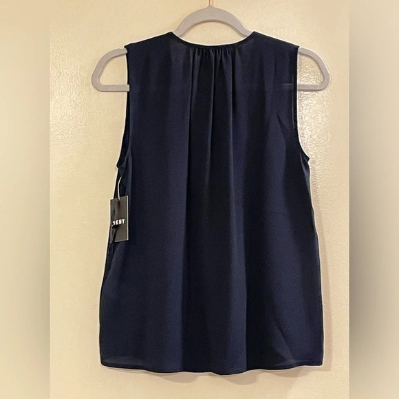 DKNY Tie Front Keyhole Sleeveless Top in Navy - Picture 2 of 4